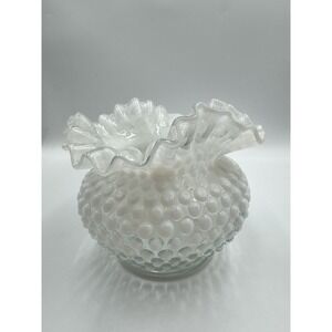 Vintage Fenton Opalescent Moonstone Hobnail Ruffled Rose Bowl Vase 5.5x6 RARE